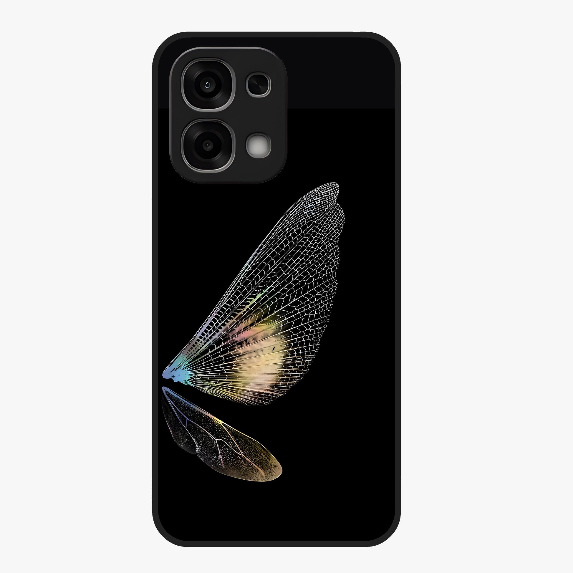 Whispers Of Wings Glass Case showing flat back view with graceful wing inspired artwork and glossy glass finish.
