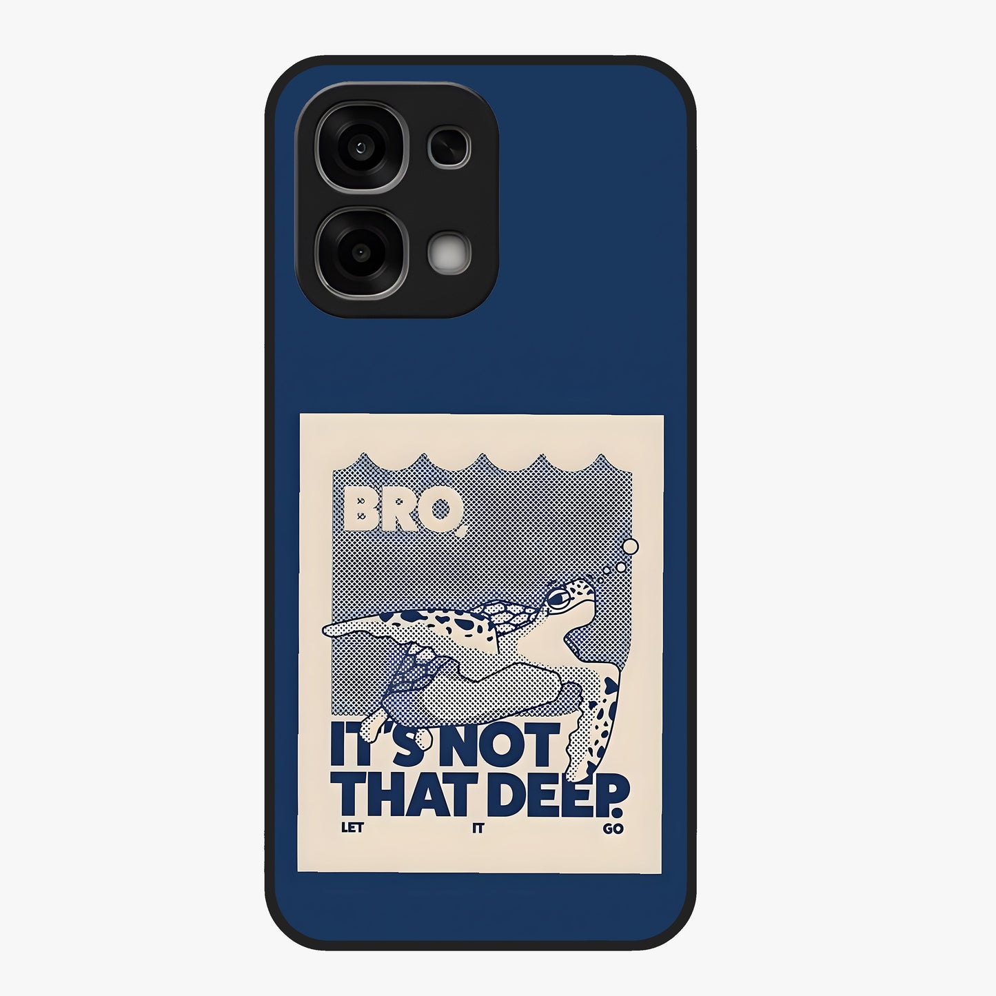 Worry Less Swim Glass Case showing flat back view with playful motivational artwork and glossy glass finish.