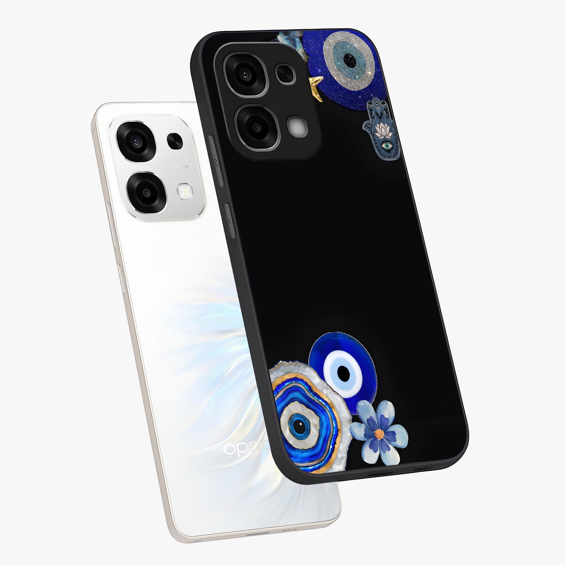 Aesthetic Blue Evil Eye Glass Case displayed in angled mockup highlighting blue evil eye symbol and spiritual aesthetic design.