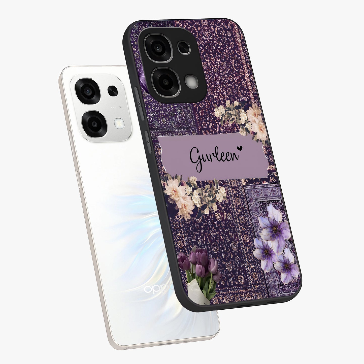 Antique Floral Whisper Custom Name Glass Case displayed in angled mockup highlighting elegant antique floral aesthetic.