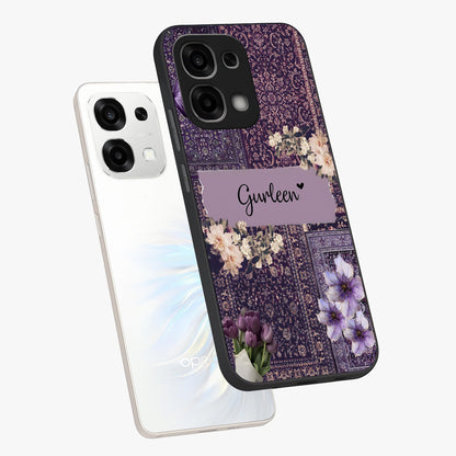 Antique Floral Whisper Custom Name Glass Case displayed in angled mockup highlighting elegant antique floral aesthetic.