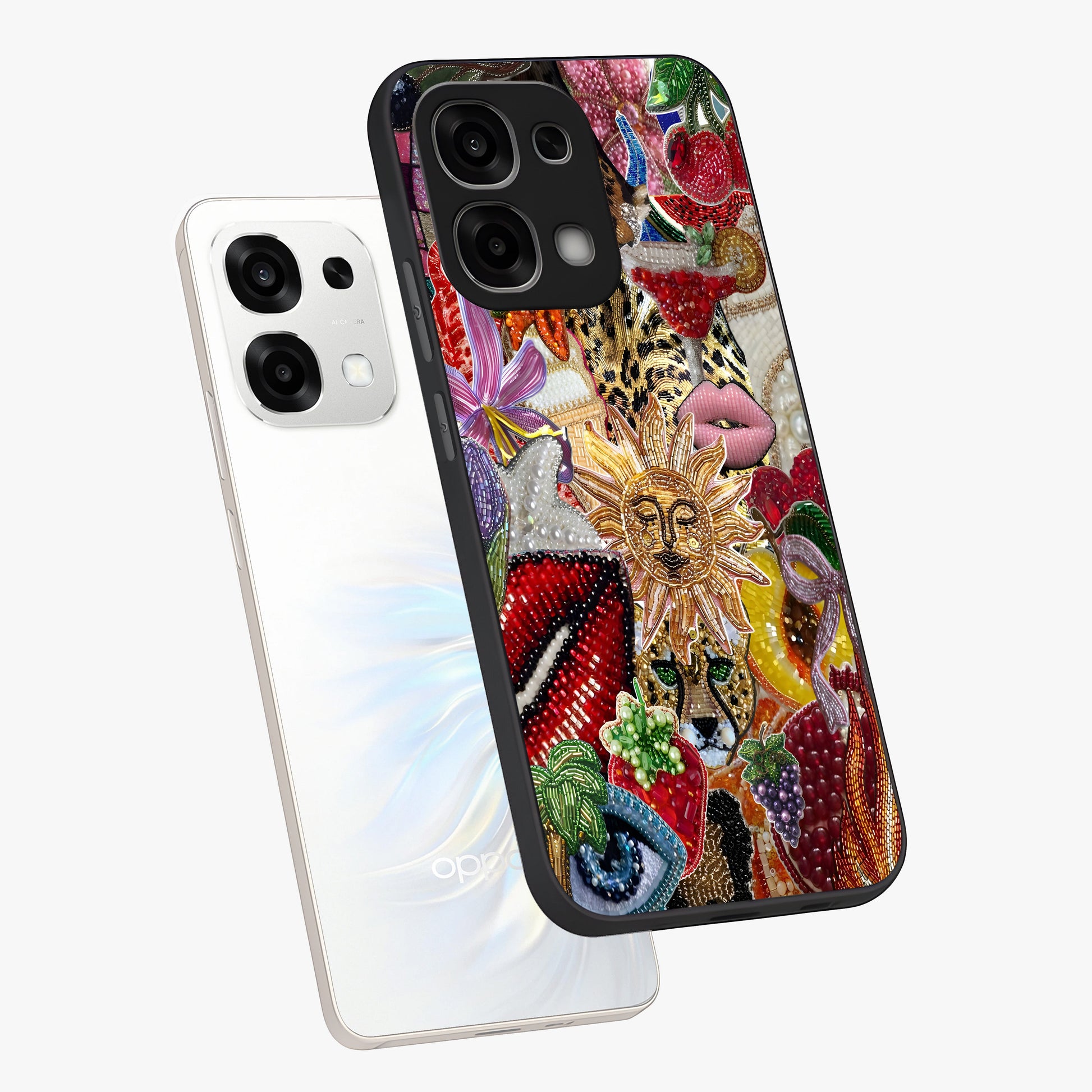 Beaded Fashion Jungle Glass Case displayed in angled mockup highlighting colorful fashion bead design and artistic pattern.