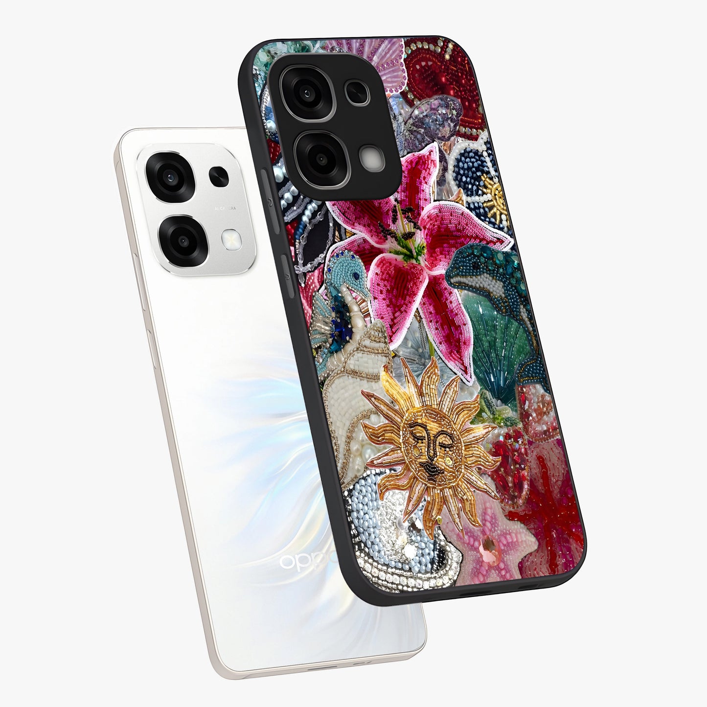 Beaded Garden Fantasy Glass Case displayed in angled mockup highlighting fantasy inspired floral bead pattern.
