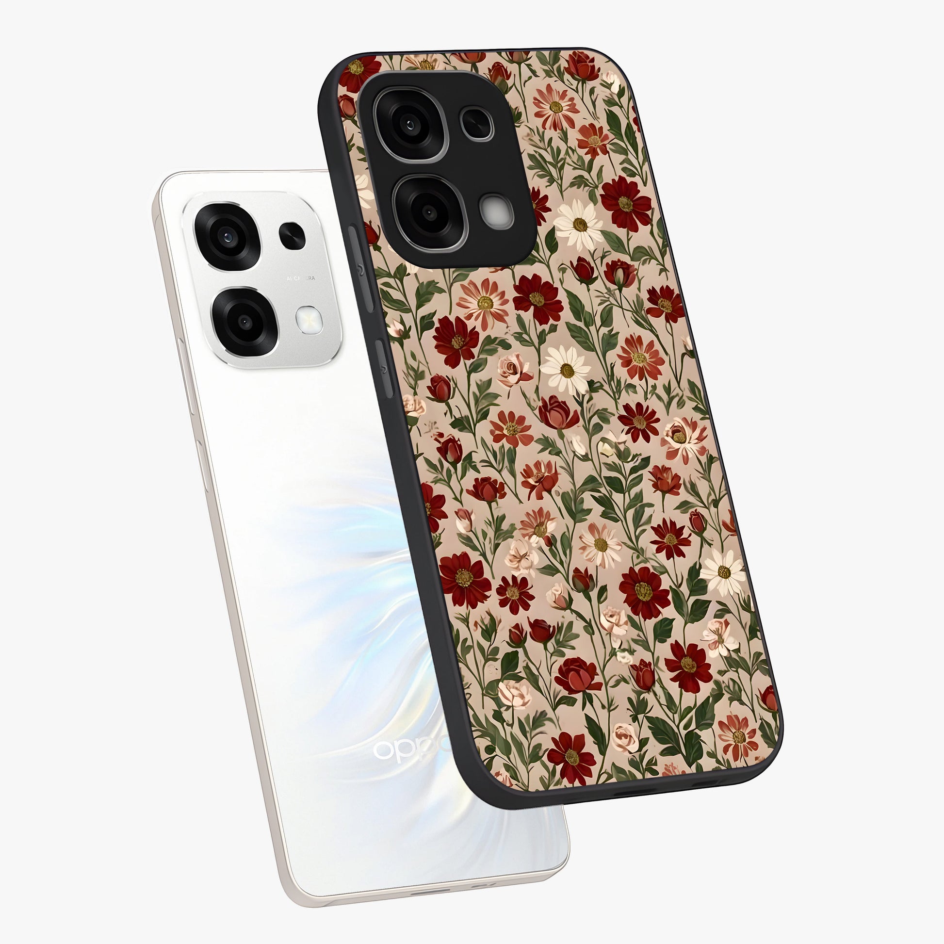 Biege Flower With Leaf Glass Case displayed in angled mockup highlighting minimal floral leaf design and elegant aesthetic.