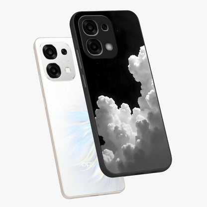 Black Background With White Cloud Glass Case displayed in angled mockup highlighting soft white cloud illustration and minimal design.