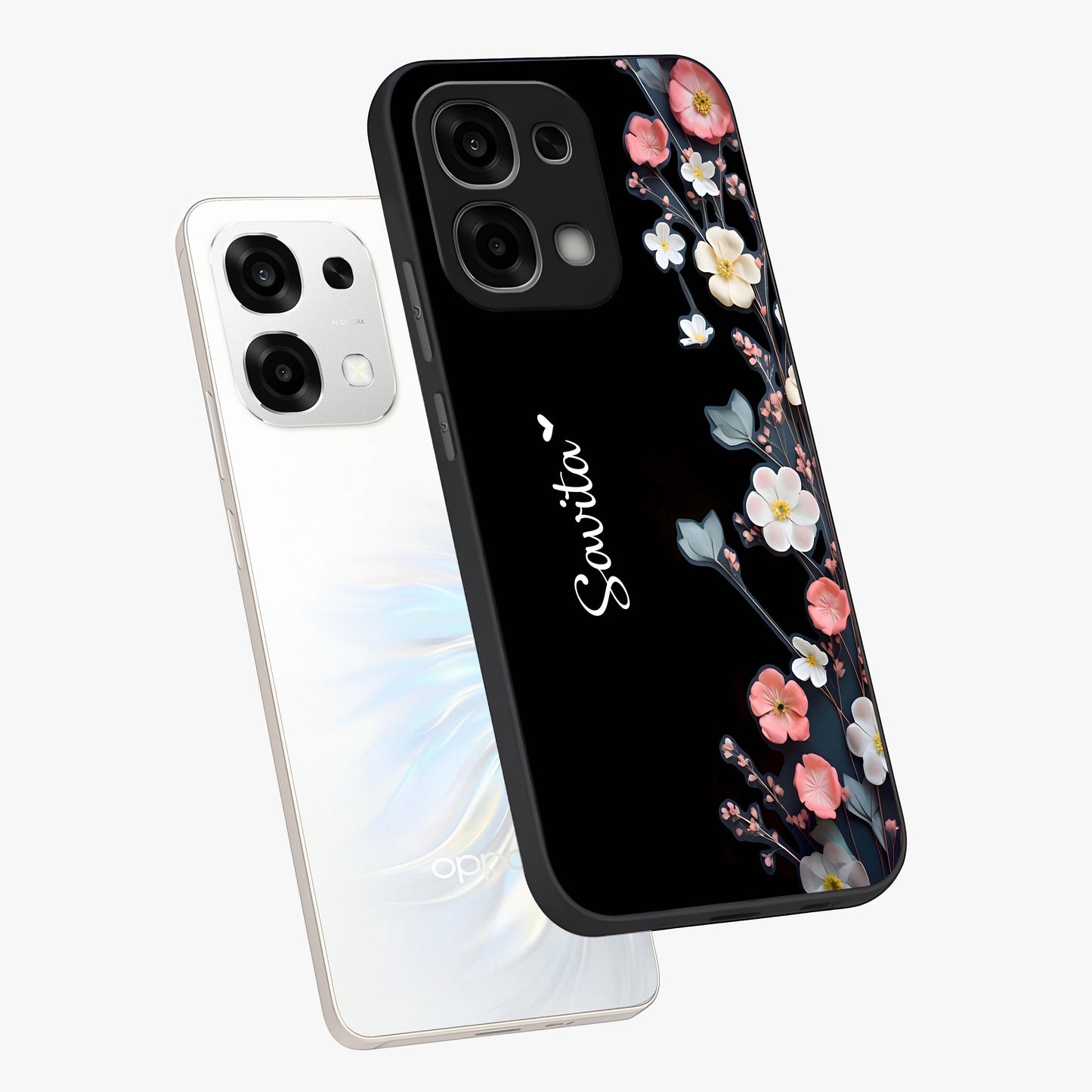 Black Elegance Floral Custom Name Glass Case displayed in angled mockup highlighting dark floral aesthetic and custom name feature.