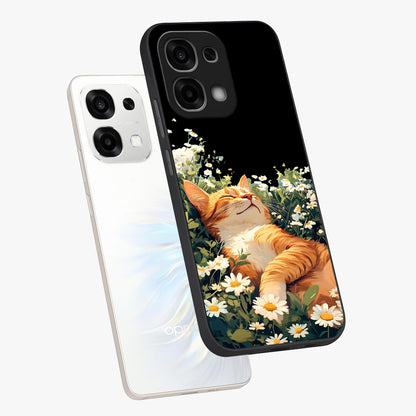 Blissful Bloom Cat Glass Case displayed in angled mockup highlighting playful feline illustration with soft floral aesthetic.