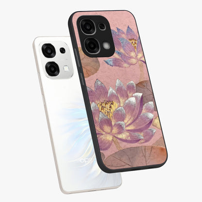 Blossom Mist Lotus Glass Case displayed in angled mockup highlighting delicate lotus illustration with calm aesthetic theme.