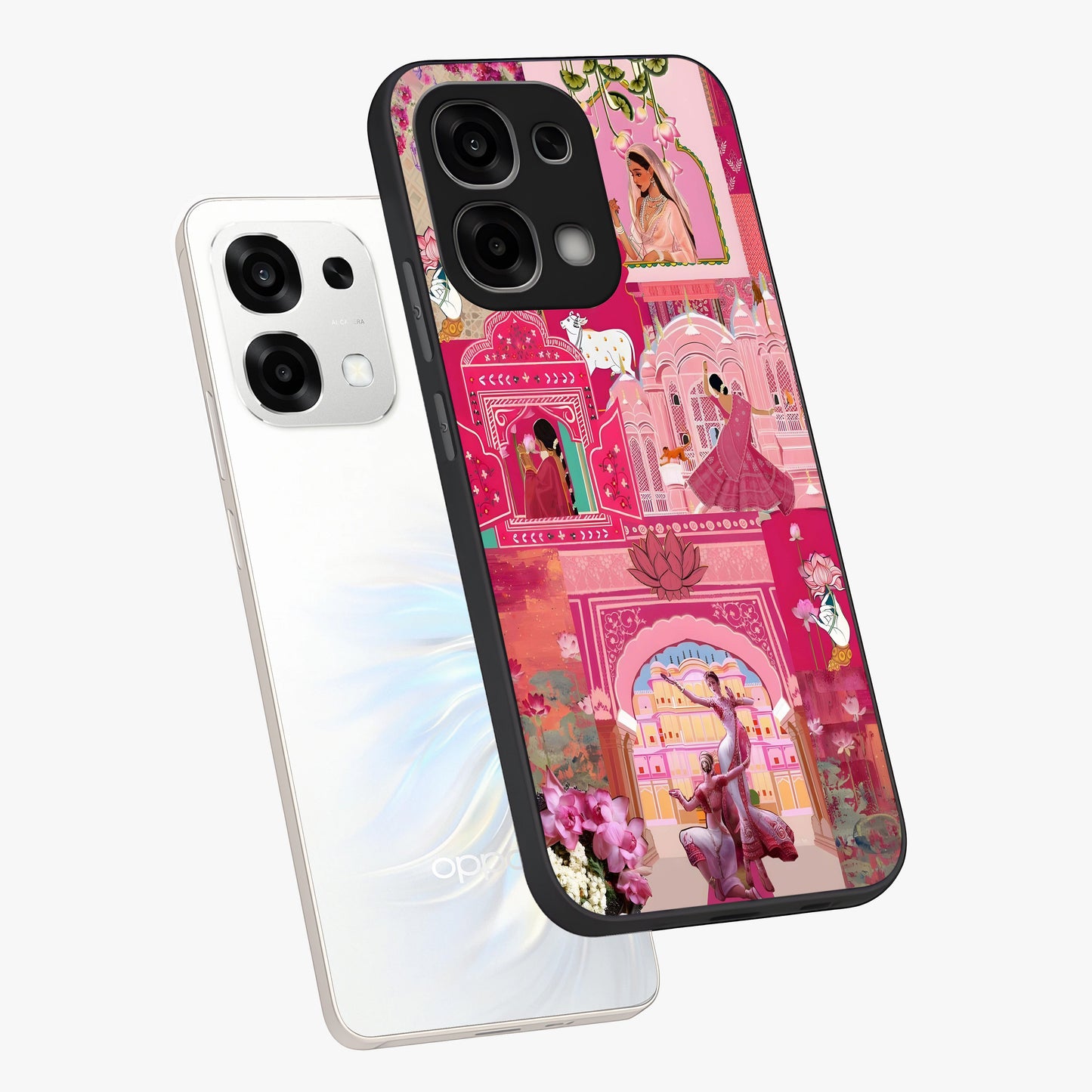 Blossoms of Rajasthan Glass Case displayed in angled mockup highlighting vibrant floral pattern with cultural aesthetic style.