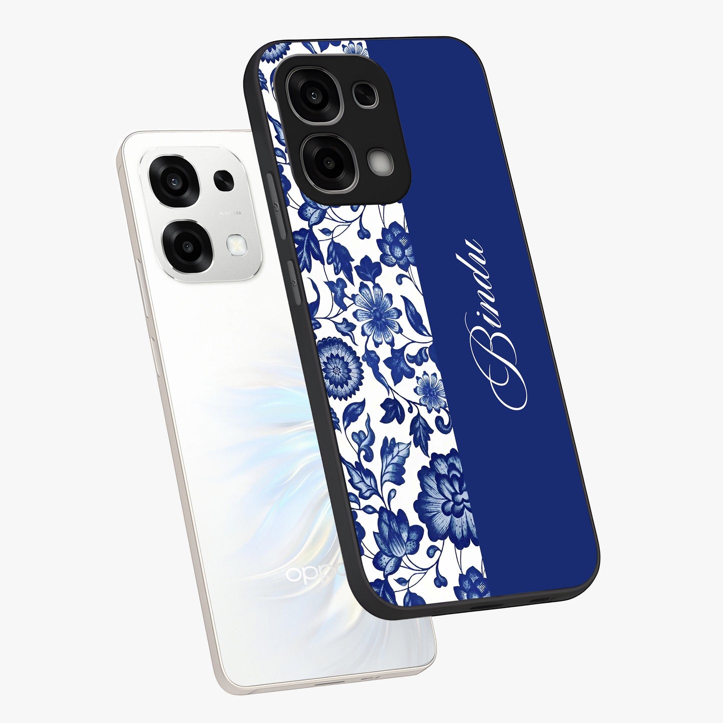 Blue Vintage Floral Pattern Glass Case displayed in angled mockup highlighting subtle bloom pattern with aesthetic pastel design.
