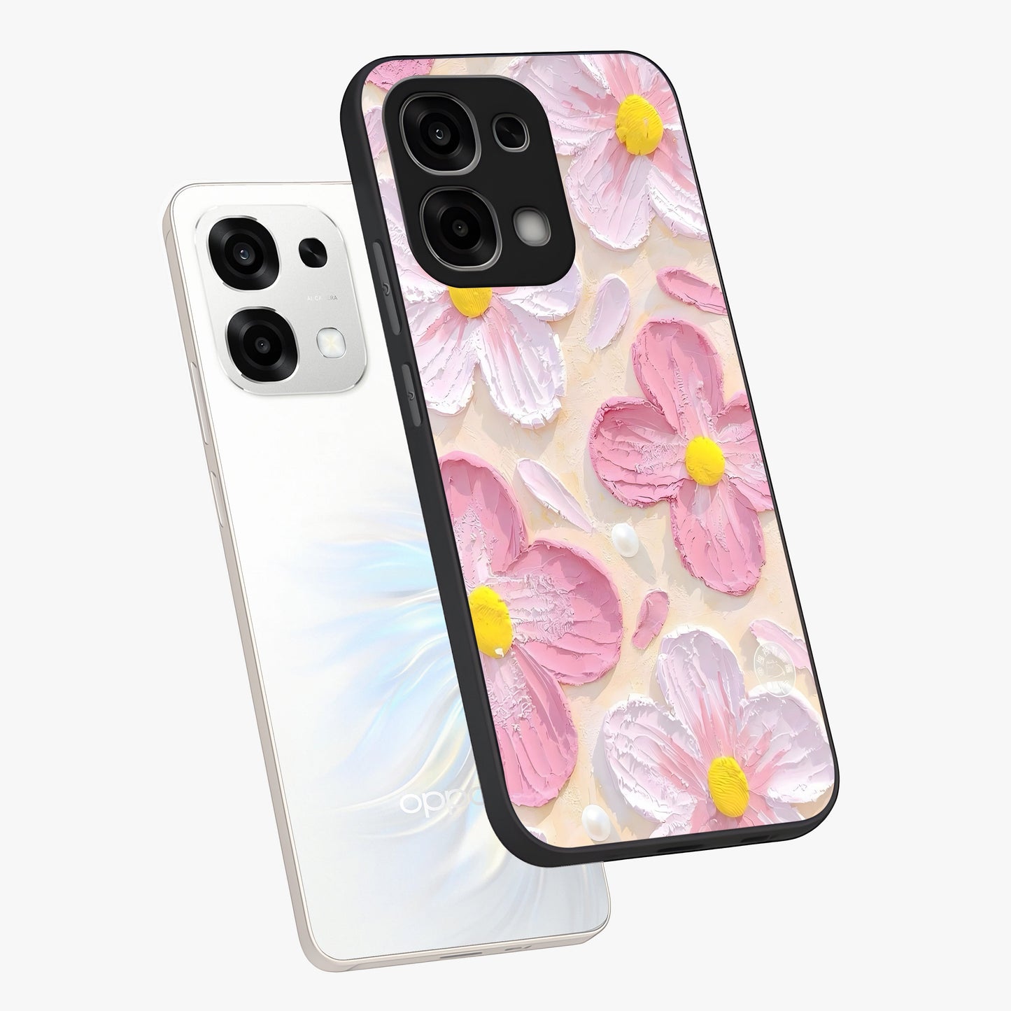 Blush Bloom Texture Glass Case displayed in angled mockup highlighting subtle bloom pattern with aesthetic pastel design.