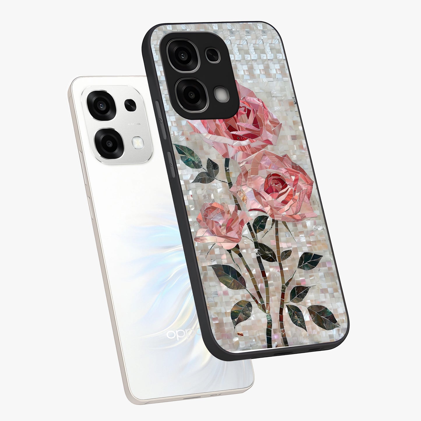 Blush Mosaic Bloom Glass Case displayed in angled mockup highlighting artistic mosaic flower pattern with aesthetic design.