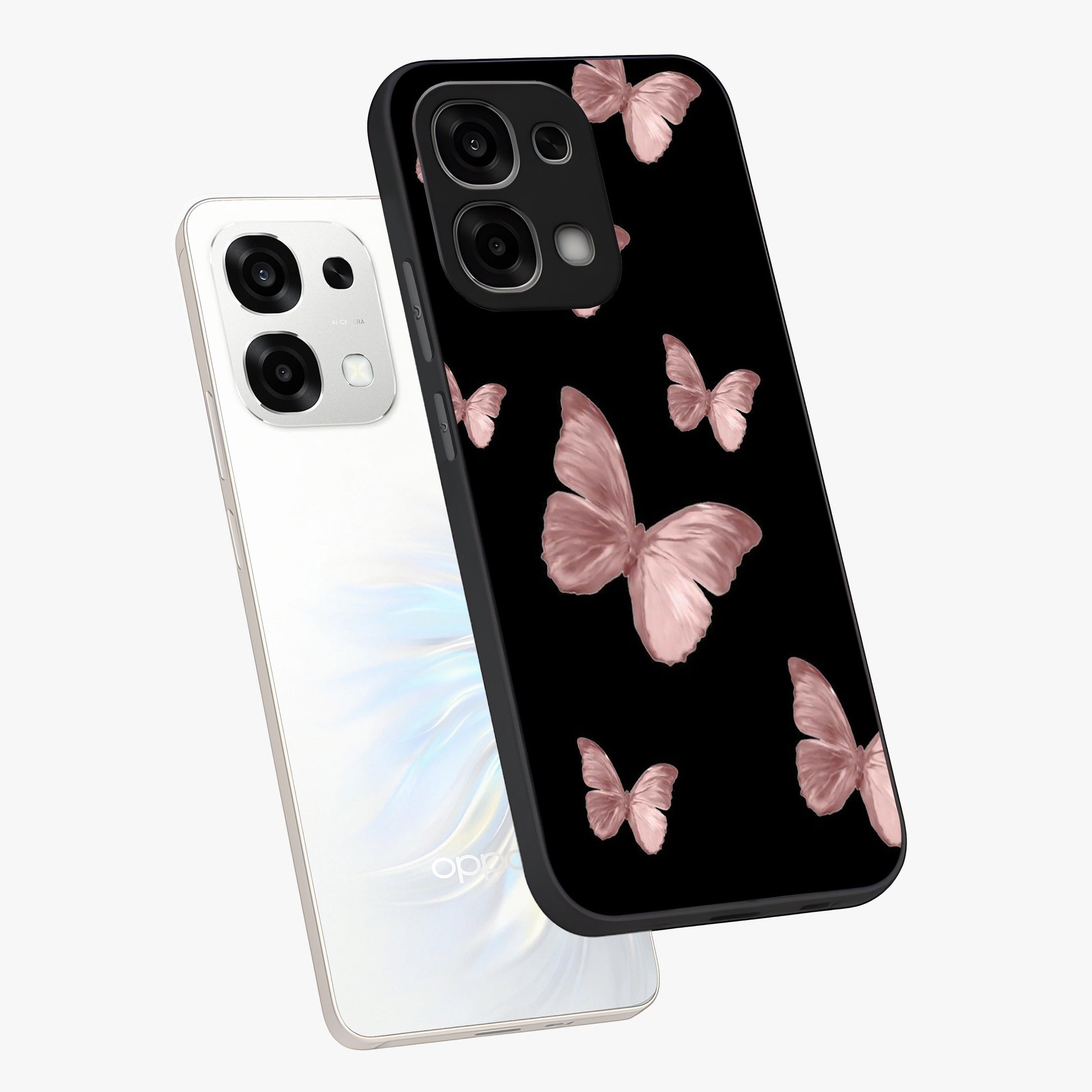 Butterfly Pattern Glass Case displayed in angled mockup highlighting delicate butterfly design and aesthetic pattern style.