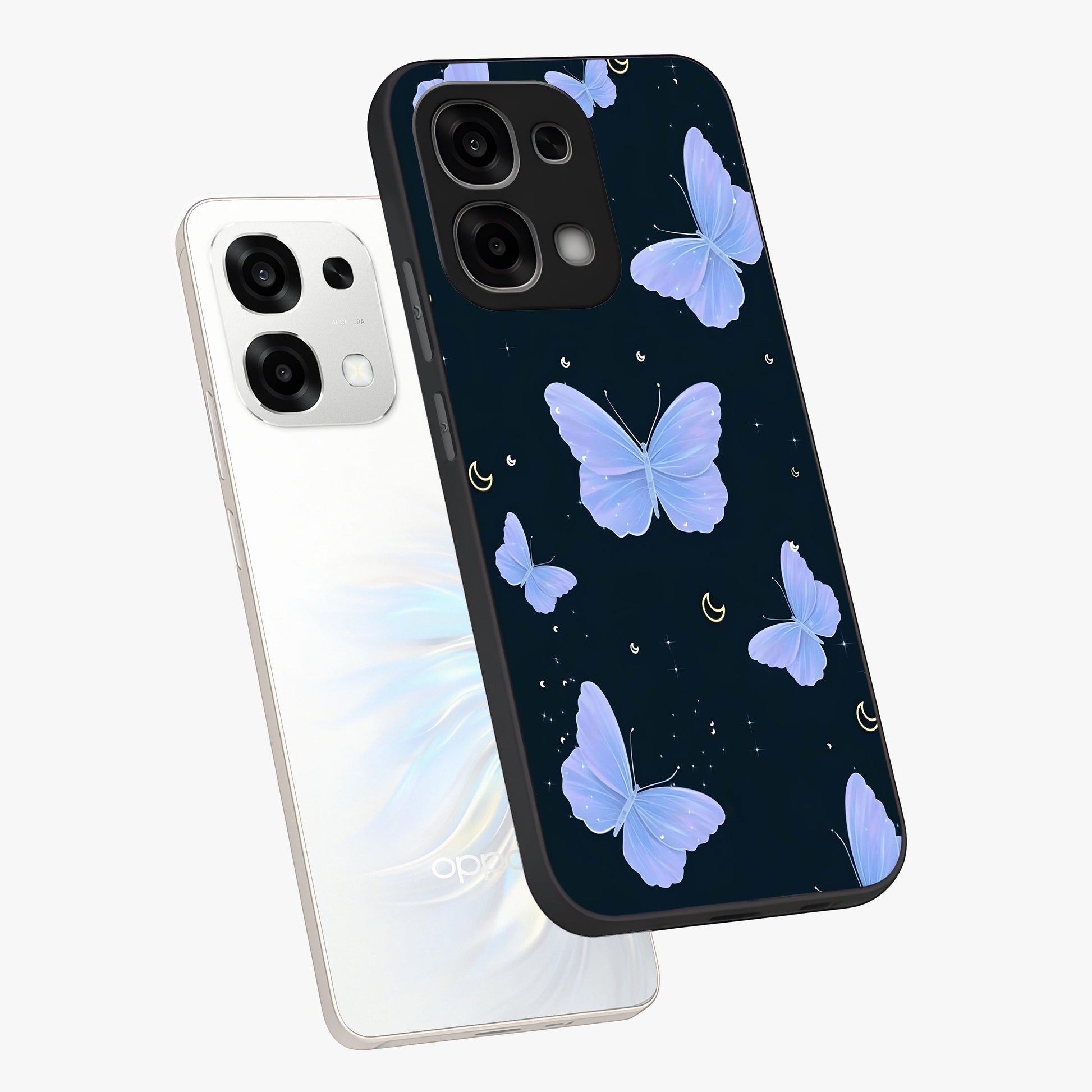 Butterfly With Stars Pattern Glass Case displayed in angled mockup highlighting dreamy butterfly and star design with aesthetic theme.