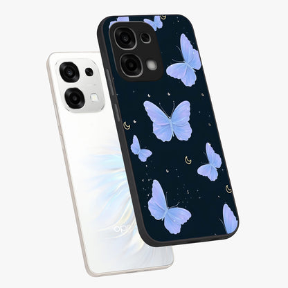 Butterfly With Stars Pattern Glass Case displayed in angled mockup highlighting dreamy butterfly and star design with aesthetic theme.