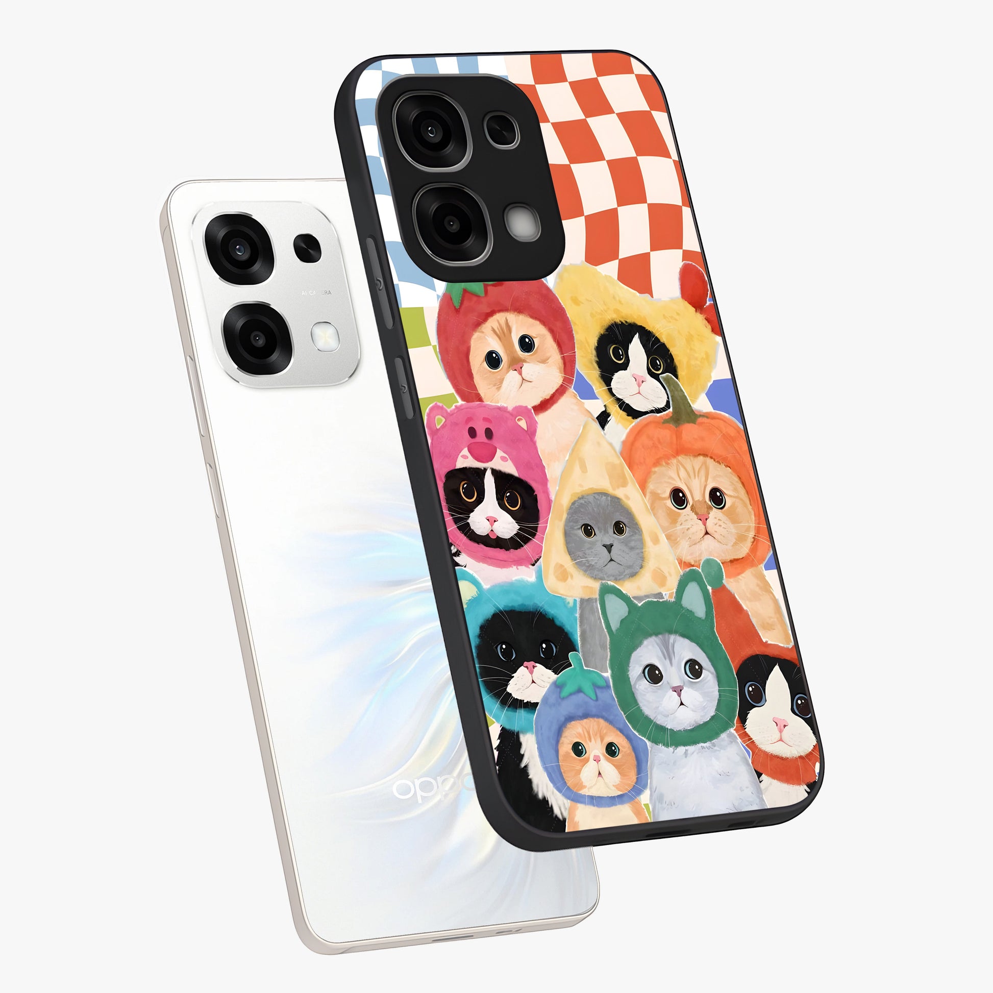 Cats in Fruits Glass Case displayed in angled mockup highlighting cute feline fruit design with colorful aesthetic style.