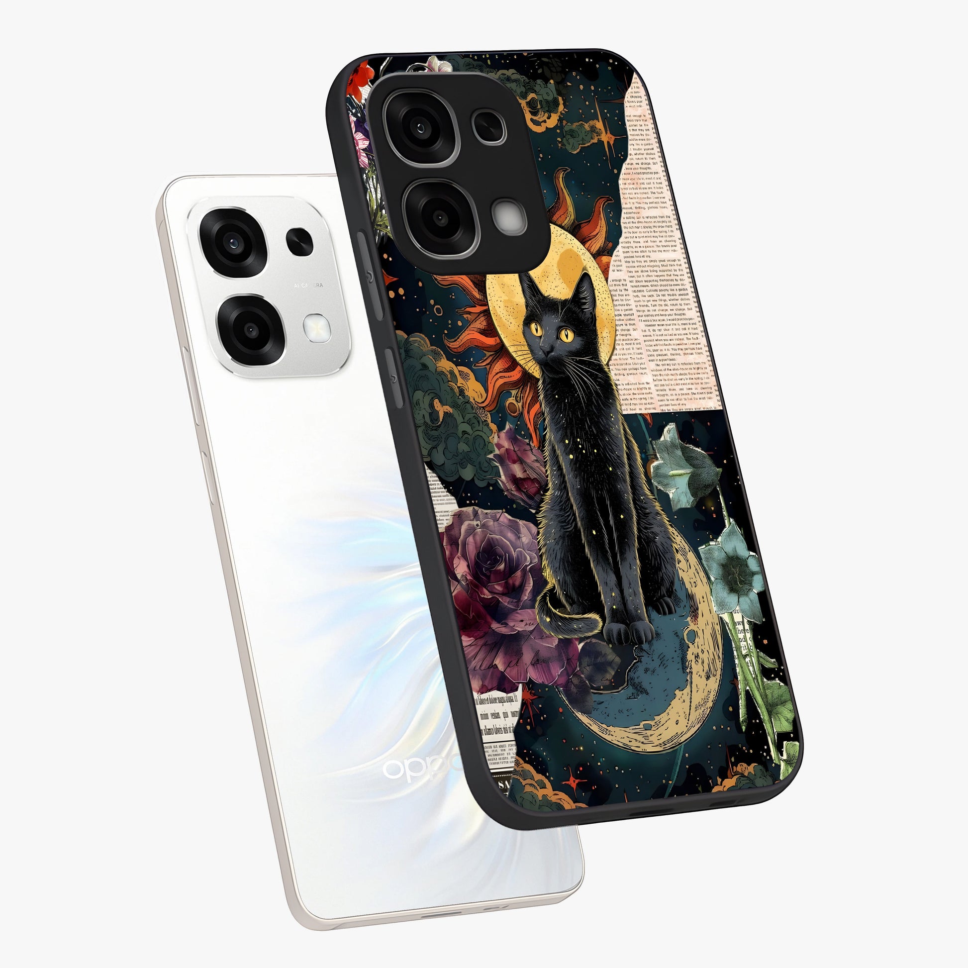 Celestial Black Cat Glass Case displayed in angled mockup highlighting cosmic black cat design with celestial aesthetic.