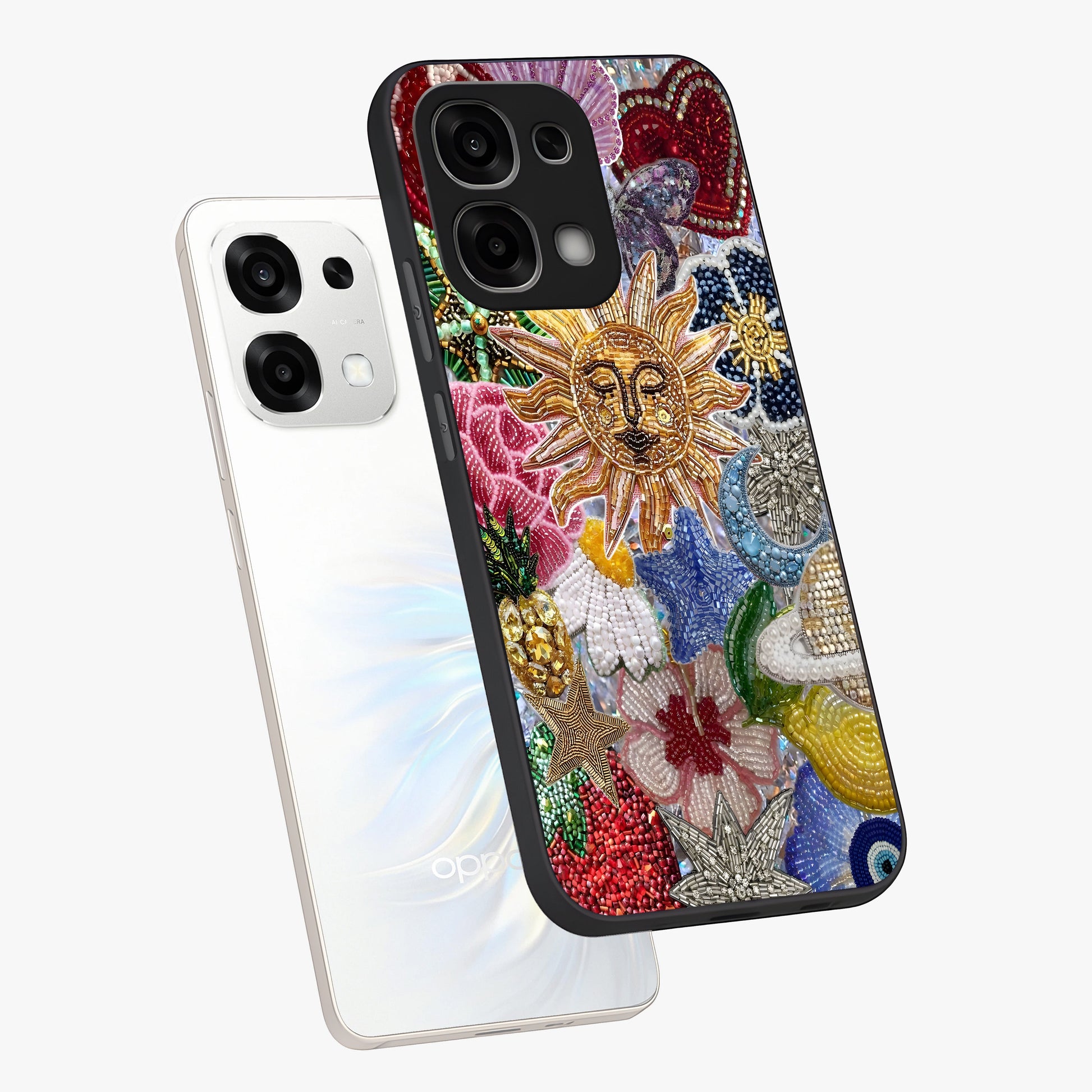 Celestial Floral and Playful Glass Case displayed in angled mockup highlighting playful floral design with dreamy celestial elements.