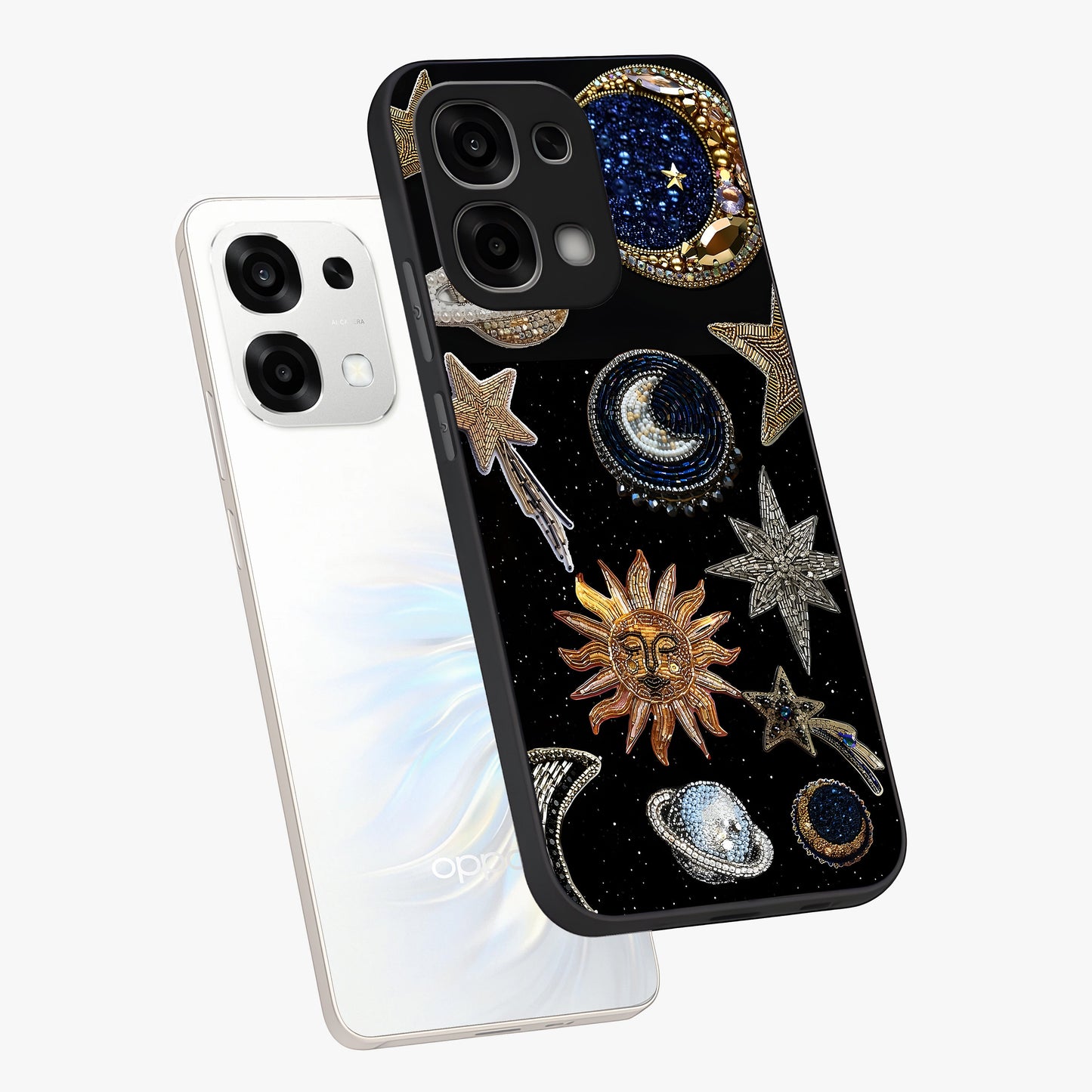 Celestial Gem Constellations Glass Case displayed in angled mockup highlighting gemstone inspired constellation design.