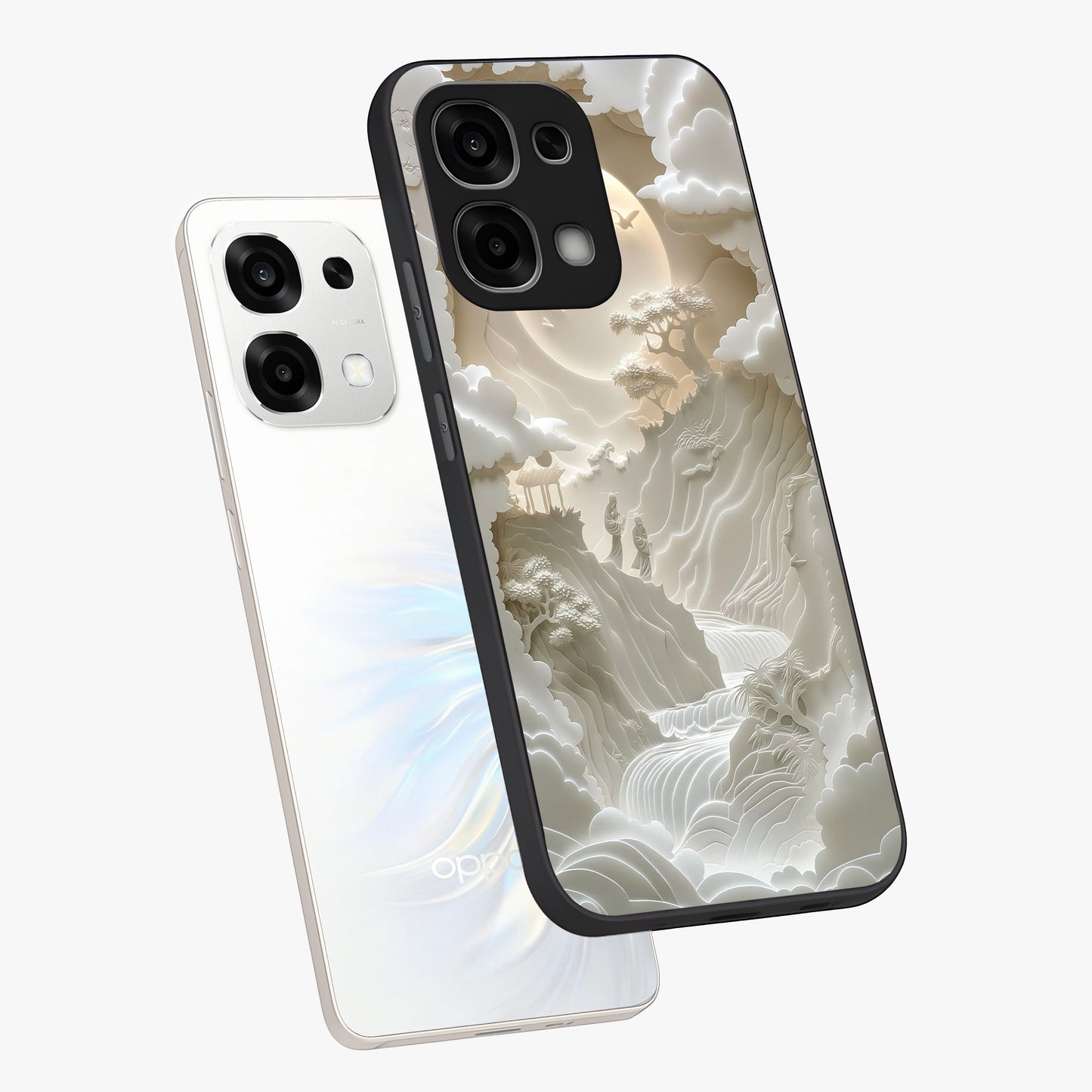 Celestial Origami Glass Case displayed in angled mockup highlighting geometric origami design with cosmic aesthetic theme.