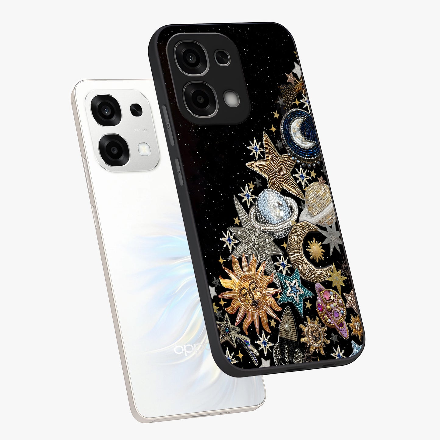 Cosmic Sparkle Dreams Glass Case displayed in angled mockup highlighting dreamy star sparkle design with celestial aesthetic.