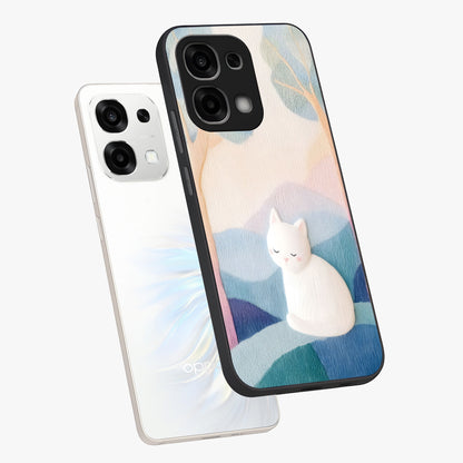 Cotton Dream Cat Glass Case displayed in angled mockup highlighting cute feline illustration with pastel aesthetic style.
