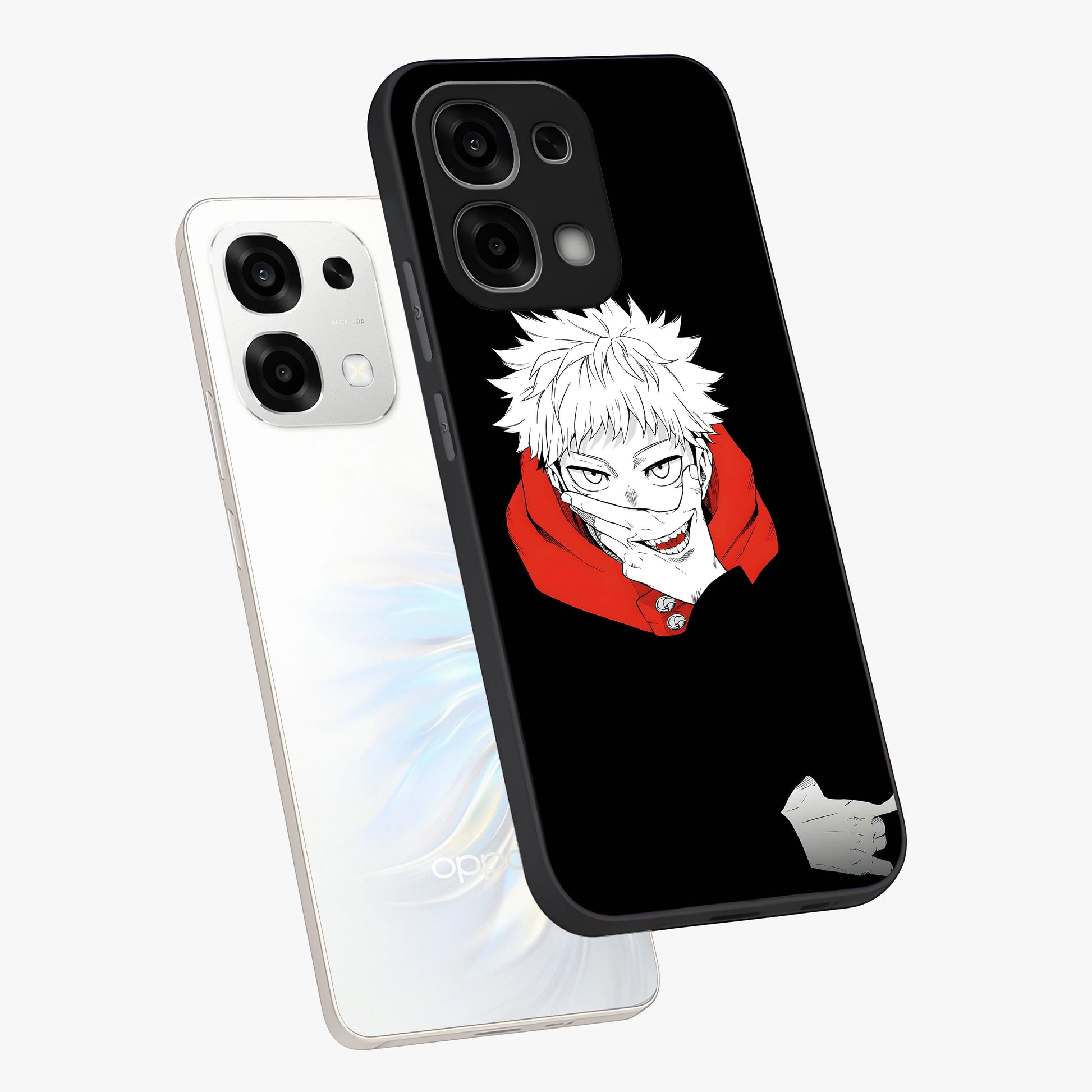 Crimson Chaos Smile Glass Case displayed in angled mockup highlighting edgy crimson smile design with graphic aesthetic.