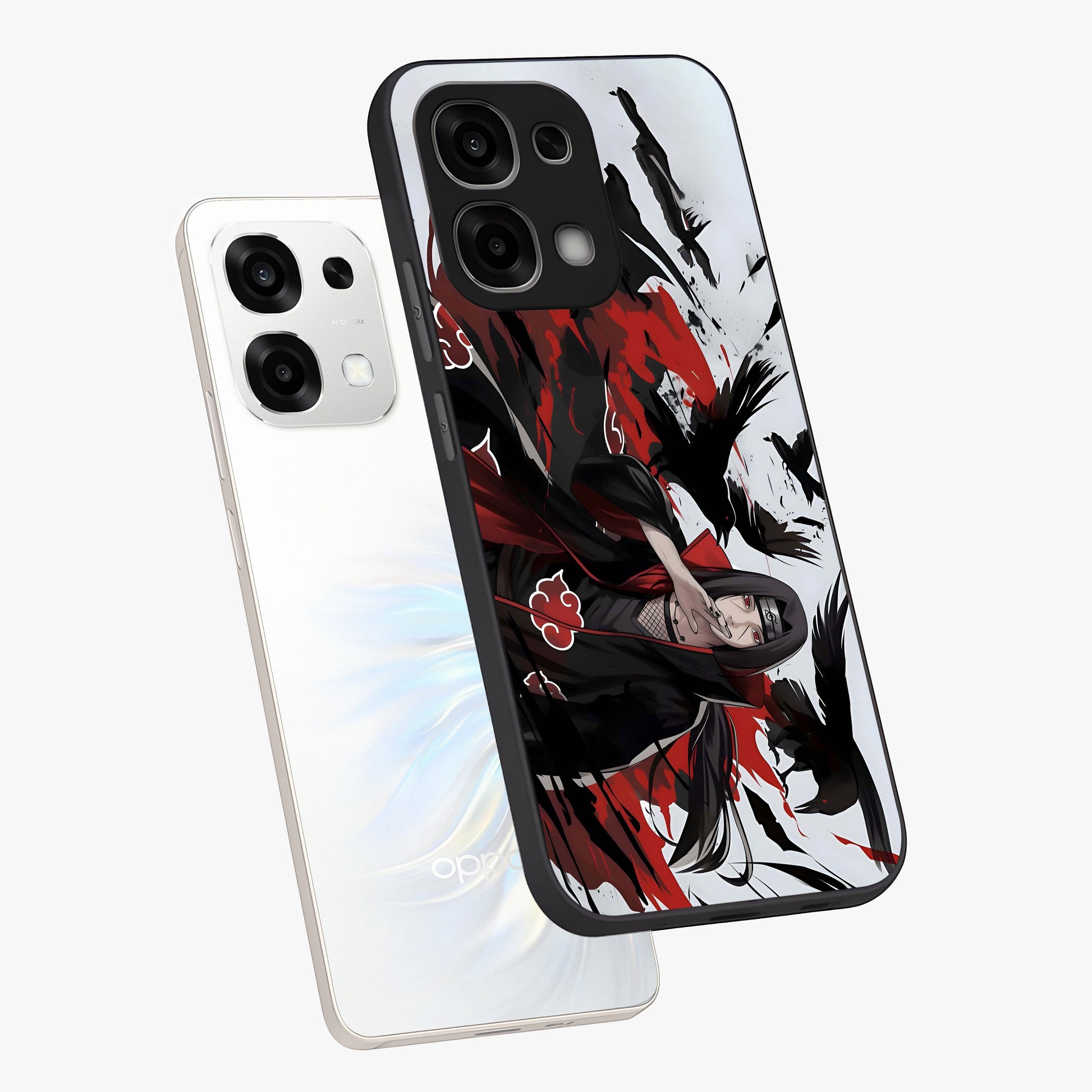 Crimson Crow Illusion Glass Case displayed in angled mockup highlighting mysterious crow graphic with dark aesthetic style.