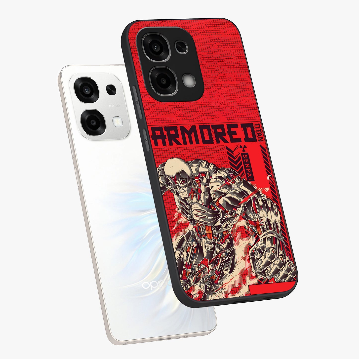 Crimson Mecha Titan Glass Case displayed in angled mockup highlighting futuristic mech illustration with bold crimson aesthetic.