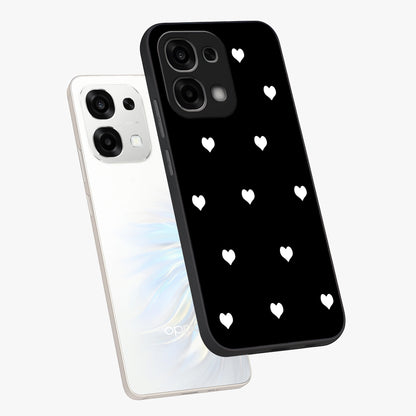 Cute And Simple White Hearts Glass Case displayed in angled mockup highlighting cute heart design with clean aesthetic style.