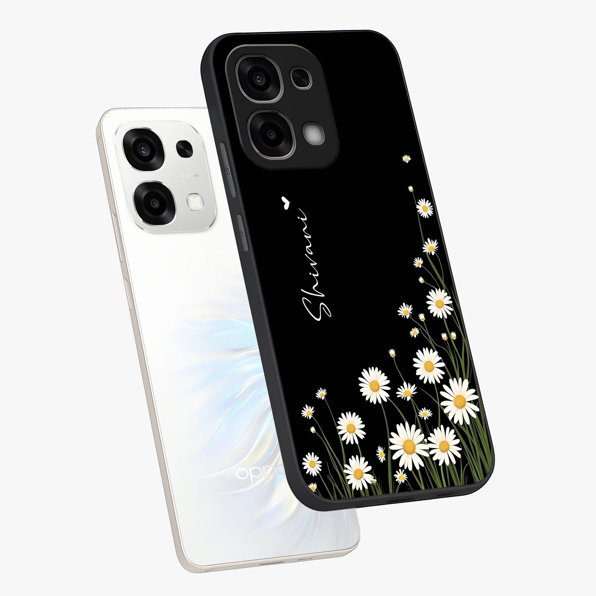 Daisy Cascade Custom Name Glass Case displayed in angled mockup highlighting delicate daisy artwork with custom name feature.