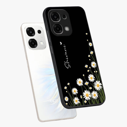 Daisy Cascade Custom Name Glass Case displayed in angled mockup highlighting delicate daisy artwork with custom name feature.