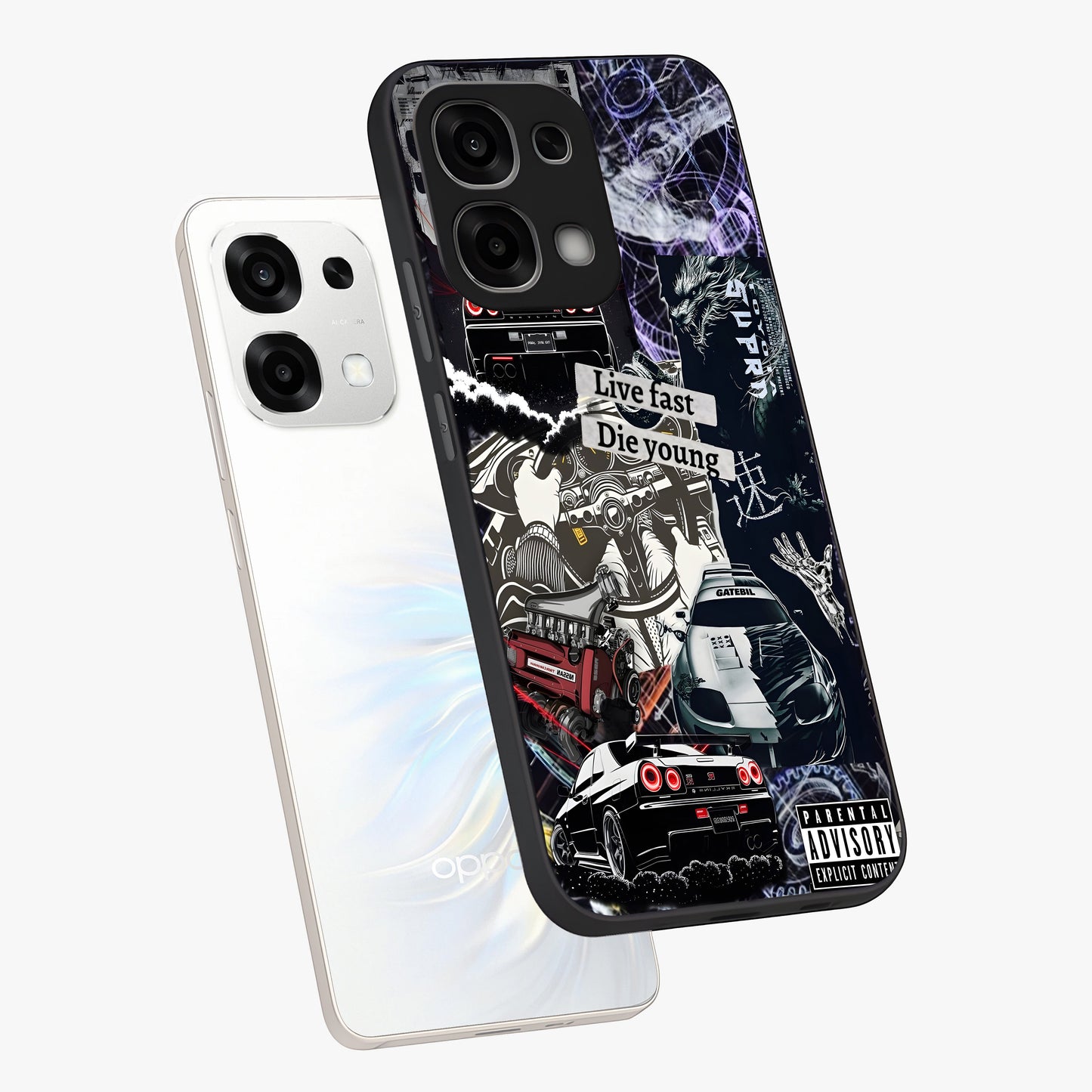 Die Young Glass Case displayed in angled mockup highlighting expressive graphic artwork with edgy aesthetic style.