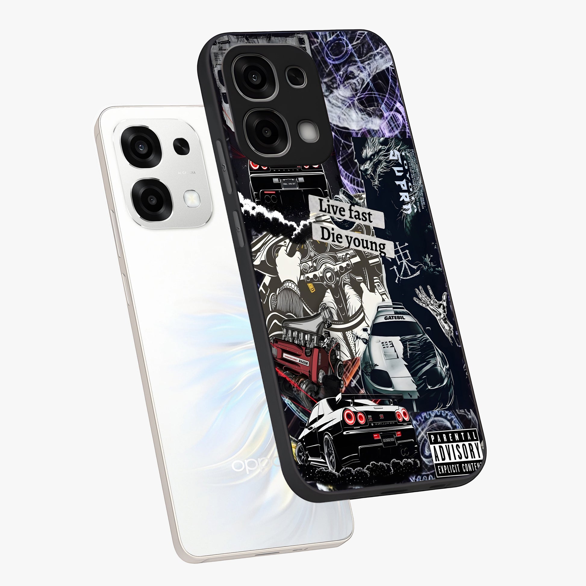 Die Young Glass Case displayed in angled mockup highlighting expressive graphic artwork with edgy aesthetic style.