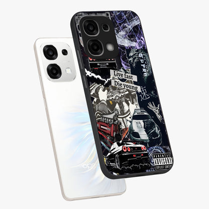 Die Young Glass Case displayed in angled mockup highlighting expressive graphic artwork with edgy aesthetic style.