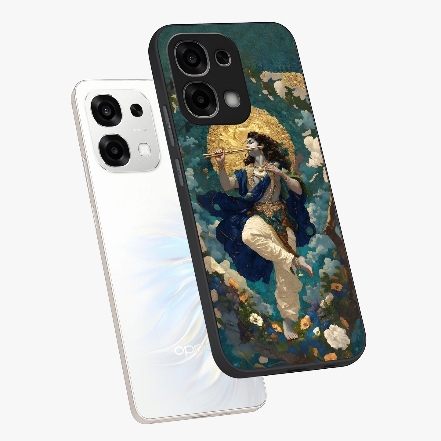 Divine Krishna Art Glass Case displayed in angled mockup highlighting spiritual Krishna illustration with devotional aesthetic.