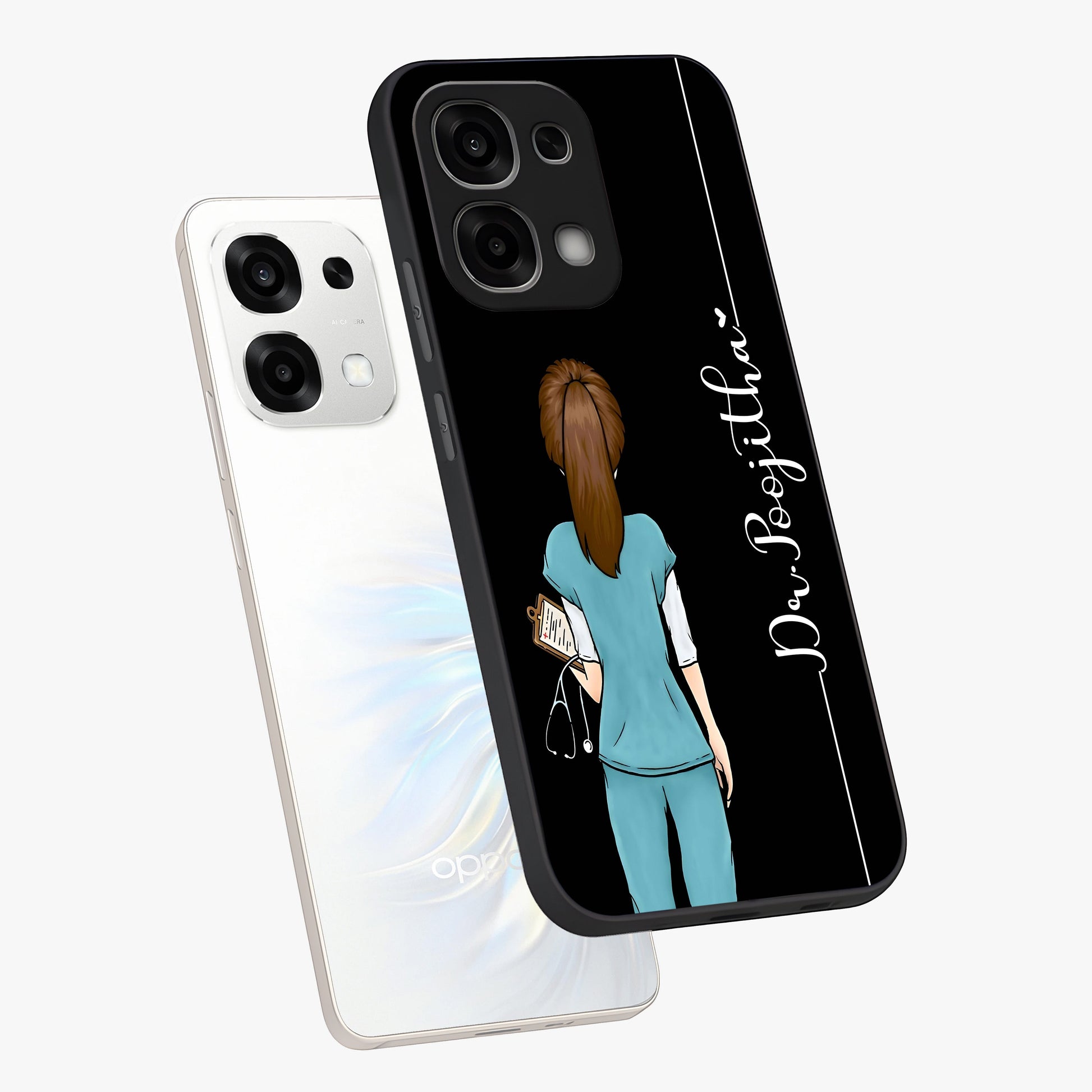 Doctor Pattern Custom Name Glass Case displayed in angled mockup highlighting doctor inspired artwork with custom name feature.