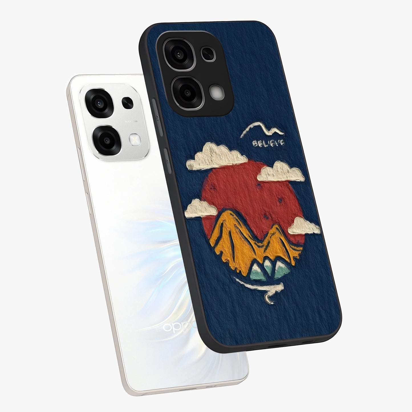 Dream Beyond Mountains Glass Case displayed in angled mockup highlighting dreamy mountain illustration with peaceful aesthetic.