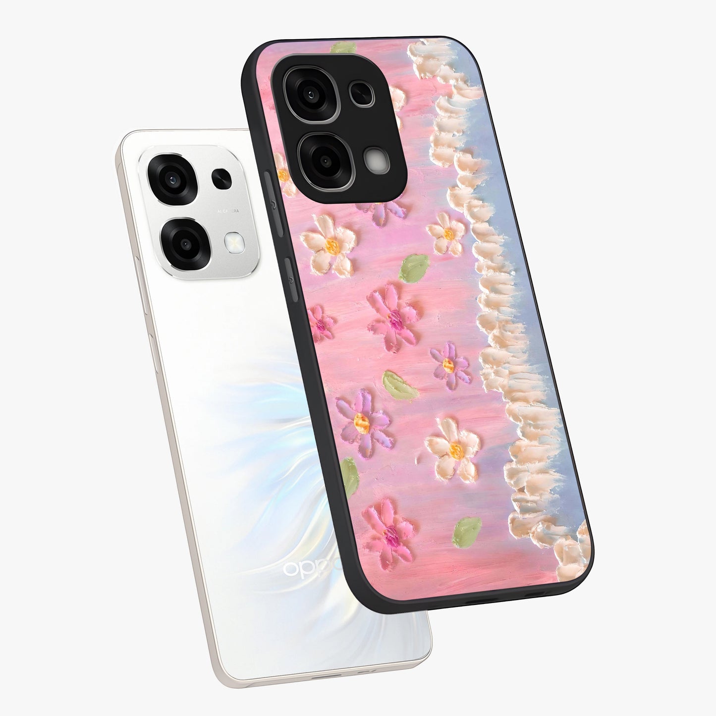 Dreamy Painted Garden Glass Case displayed in angled mockup highlighting colorful garden illustration with dreamy aesthetic style.