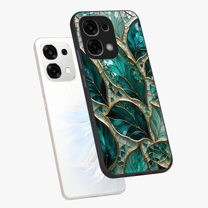 Emerald Leaf Glass Glass Case displayed in angled mockup highlighting botanical leaf illustration with elegant natural aesthetic.