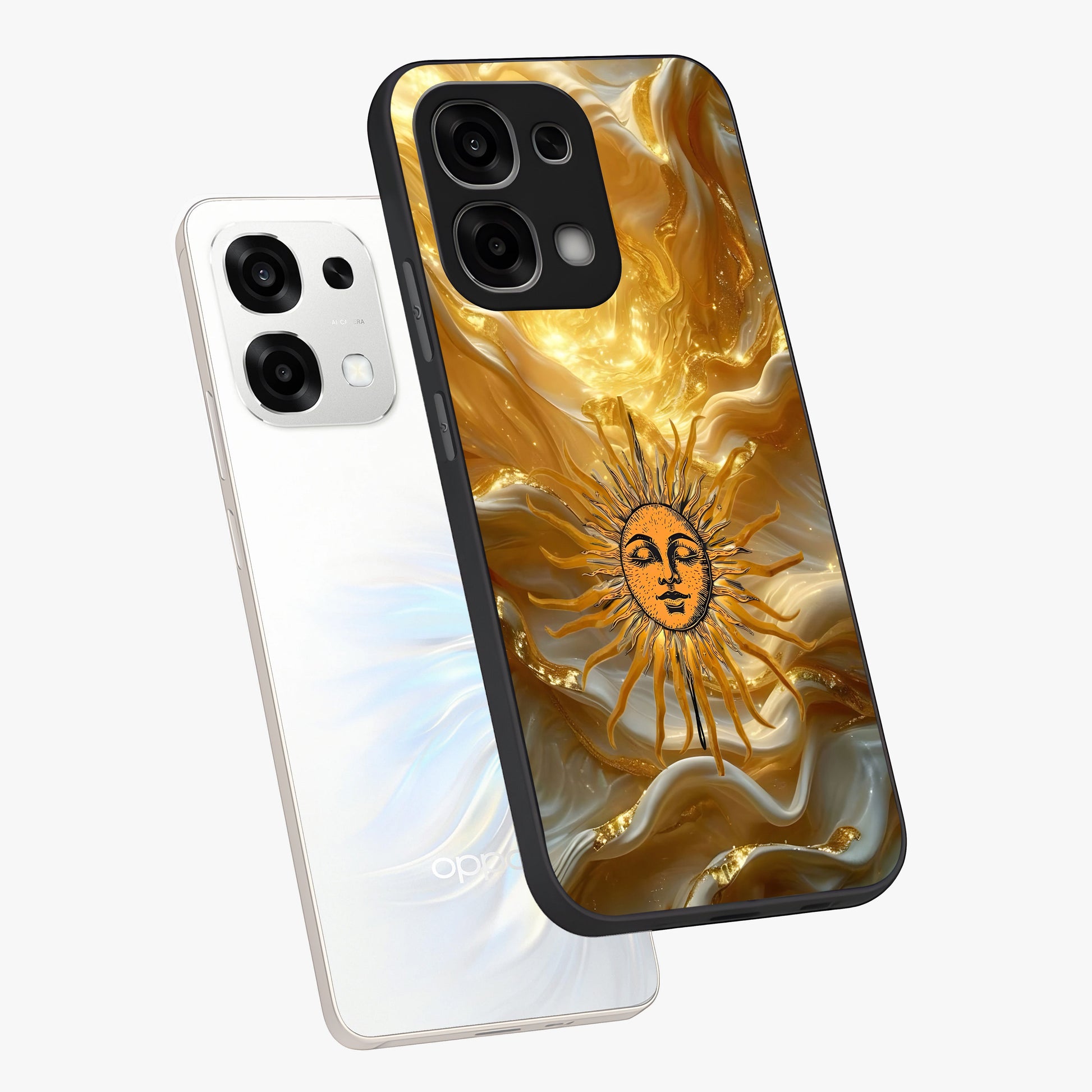 Eternal Golden Glow Glass Case displayed in angled mockup highlighting glowing golden aesthetic design with elegant style.