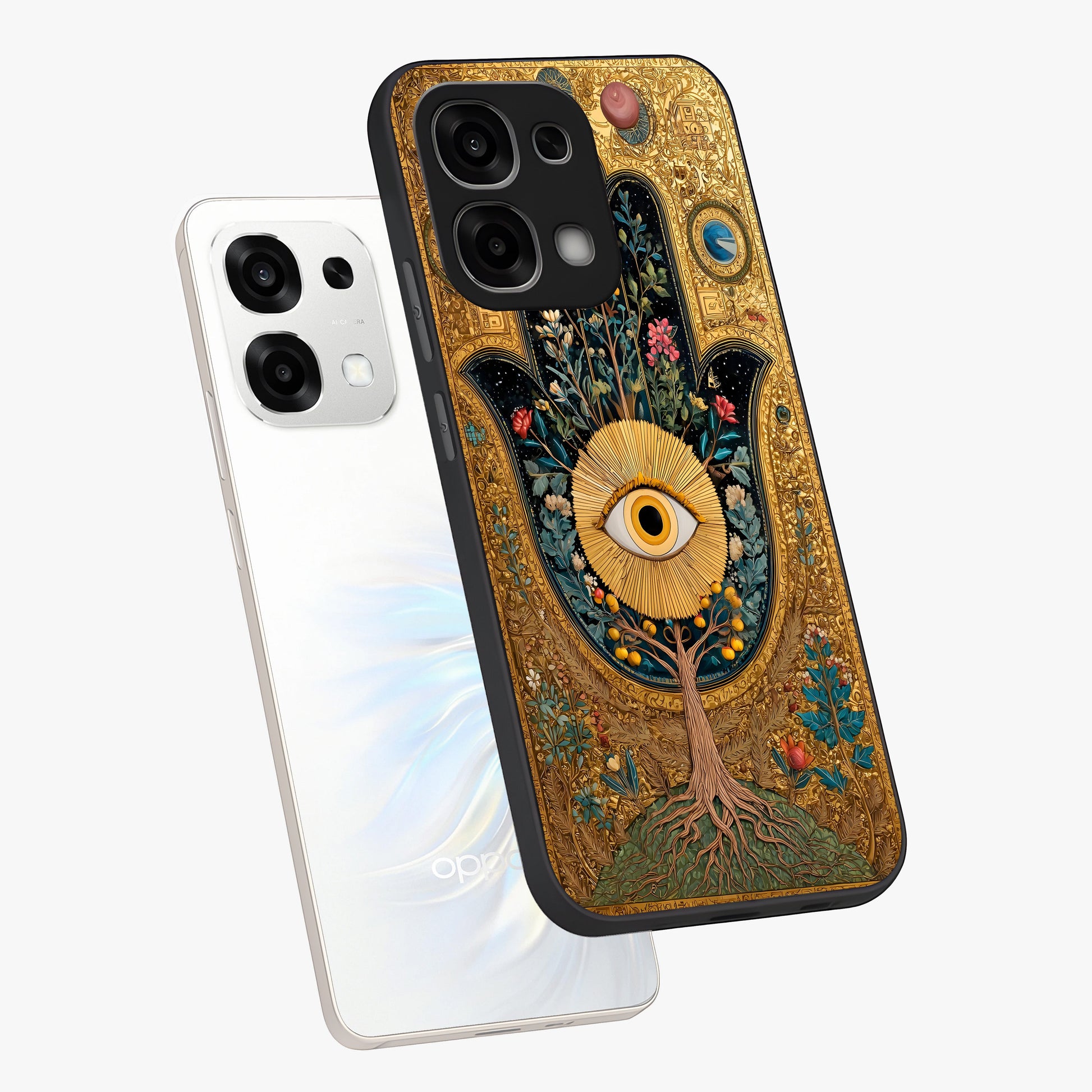 Ethereal Evil Eye Glass Case displayed in angled mockup highlighting protective evil eye symbol with spiritual aesthetic design.