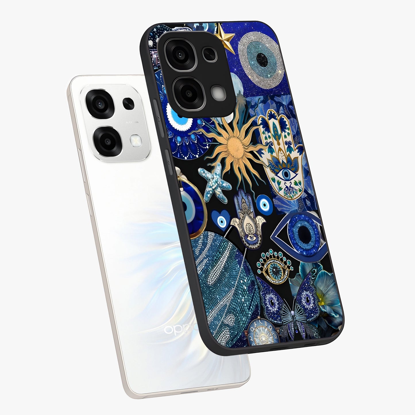 Evil Eye Charm Mix Glass Case displayed in angled mockup highlighting protective evil eye symbols with spiritual aesthetic design.