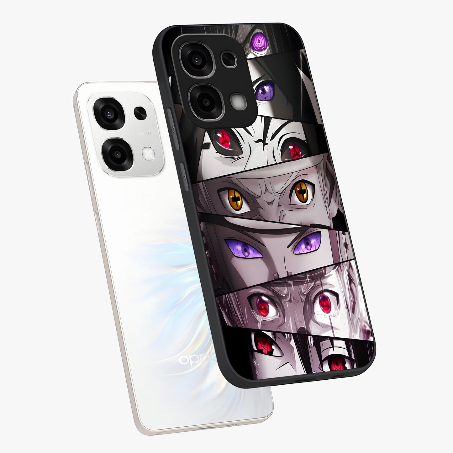 Eyes of Destiny Glass Case displayed in angled mockup highlighting bold eye illustration with mystical aesthetic style.