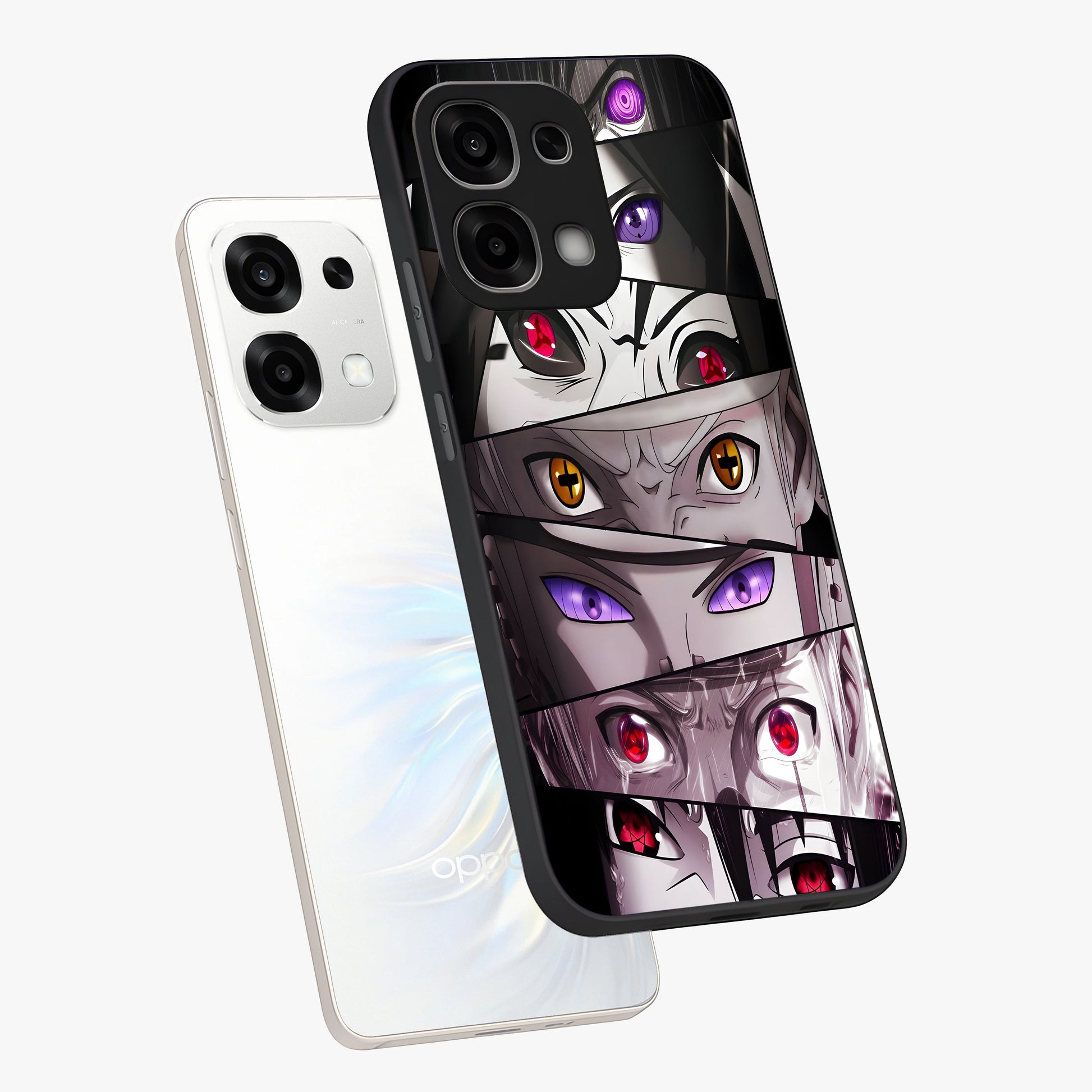 Eyes of Destiny Glass Case displayed in angled mockup highlighting bold eye illustration with mystical aesthetic style.