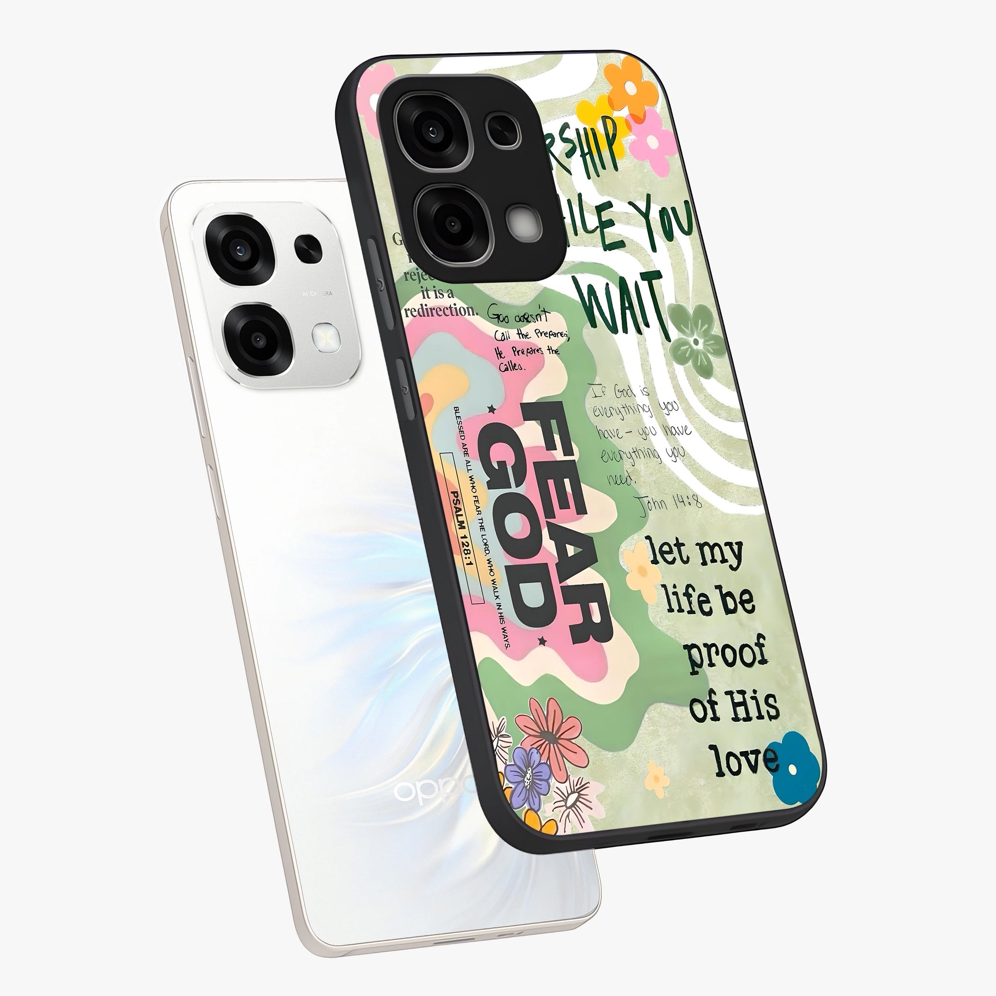 Faith Over Fear Glass Case displayed in angled mockup highlighting inspirational message design with modern aesthetic style.