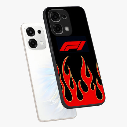 Fire F11 Glass Case displayed in angled mockup highlighting bold fire inspired graphic with energetic aesthetic style.