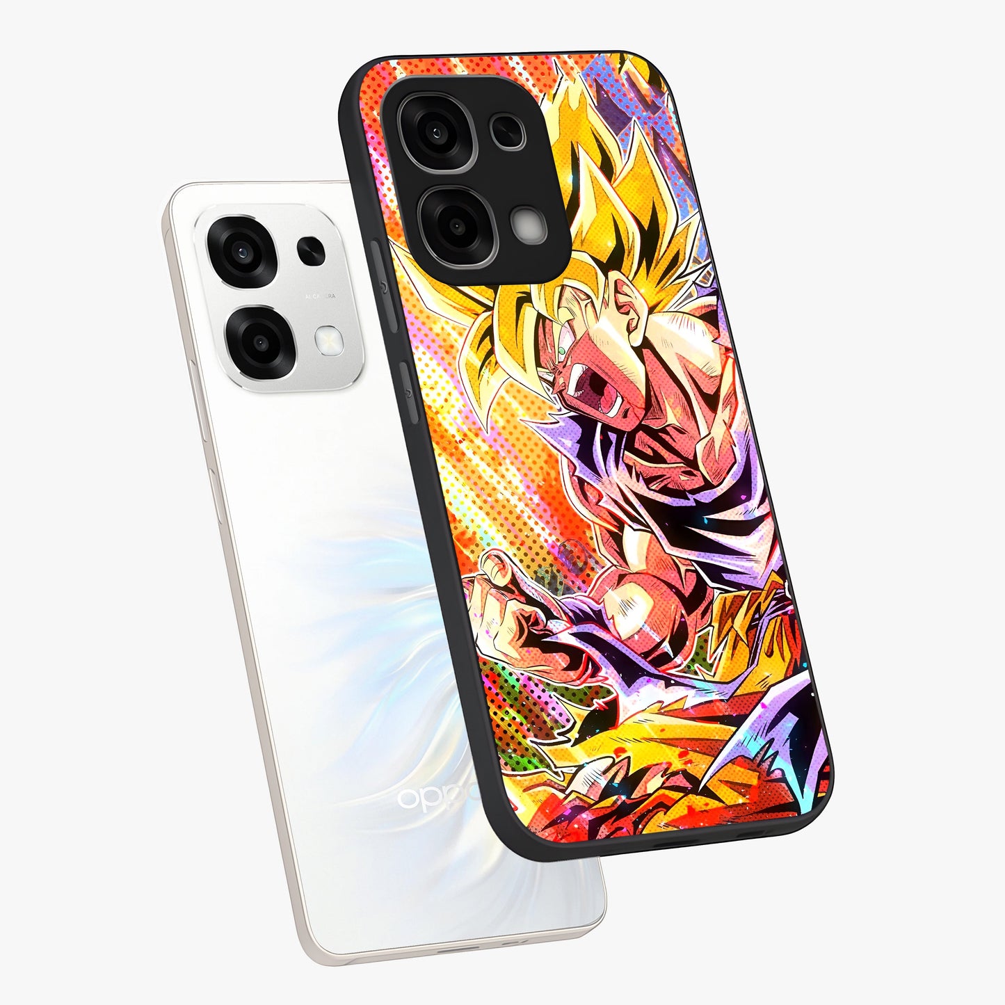 Firing Goku Glass Case displayed in angled mockup highlighting dynamic anime character design with action aesthetic.