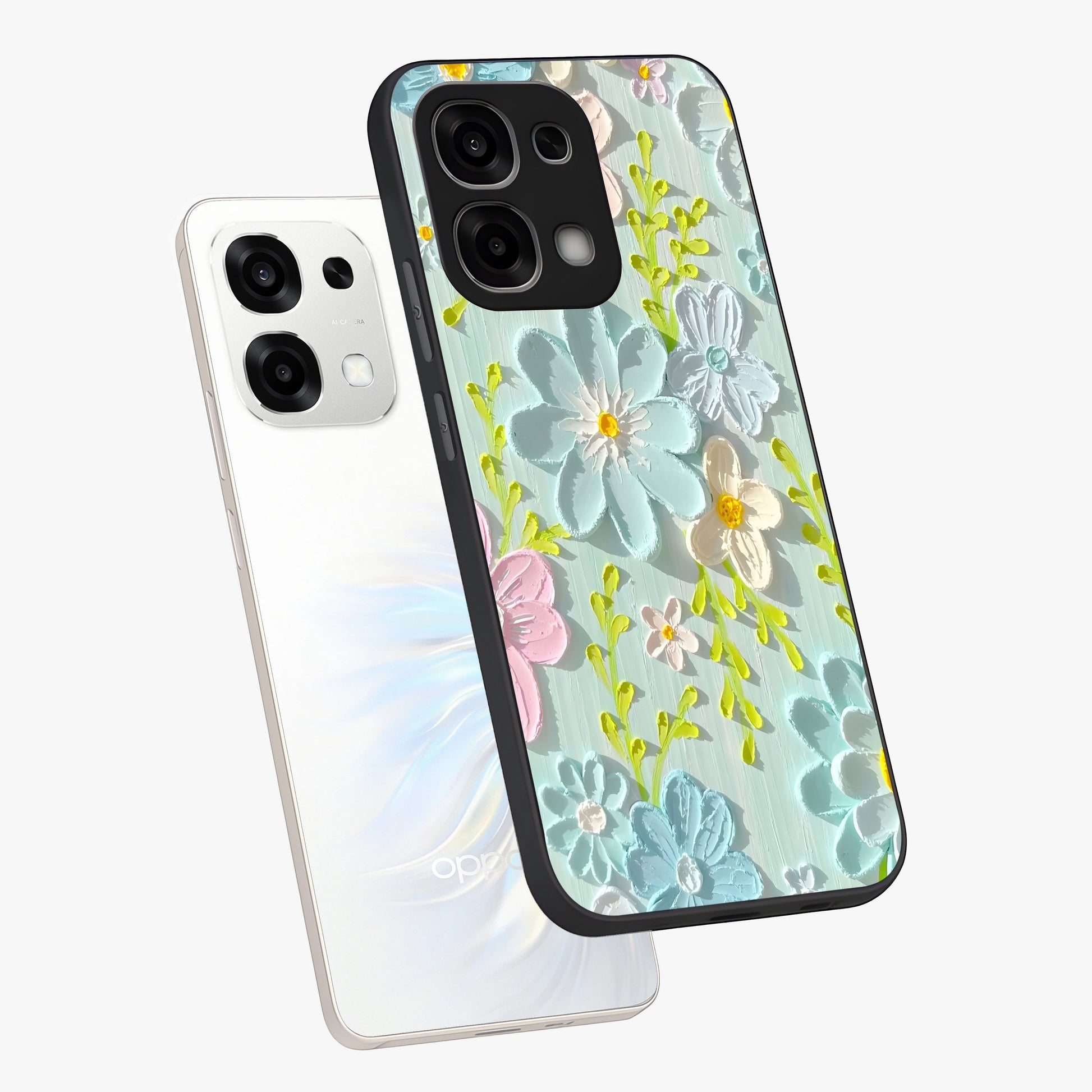 Frosted Petal Garden Glass Case displayed in angled mockup highlighting delicate flower petal design with calm garden aesthetic.