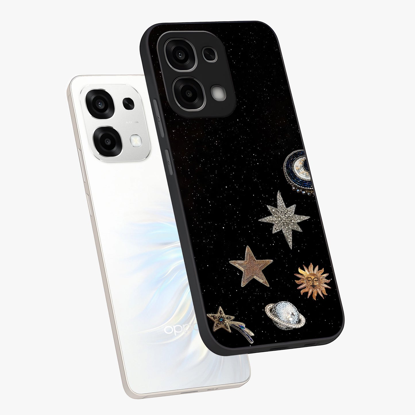 Galactic Charm Glow Glass Case displayed in angled mockup highlighting luminous galaxy inspired design with dreamy aesthetic.
